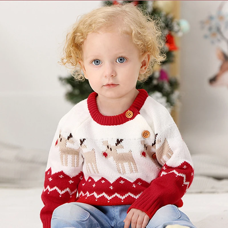Осень-зима, вязаные Рождественские свитера с оленем и длинными рукавами для маленьких мальчиков и девочек, хлопковые свитера для мальчиков и девочек