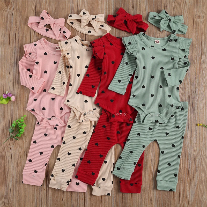Newborn Baby Girl Ribbed Clothes Set Heart Print Crew Neck Lace Long Sleeve Top Long Pants and Hairband 3-piece Suits Baby Clothing Set discount