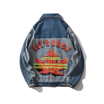 

2019 Autumn New High Street Letter Print Maple Leaf Jeans Jackets Men Loose Jaqueta Masculino Denim Jacket Male Hip Hop Coats