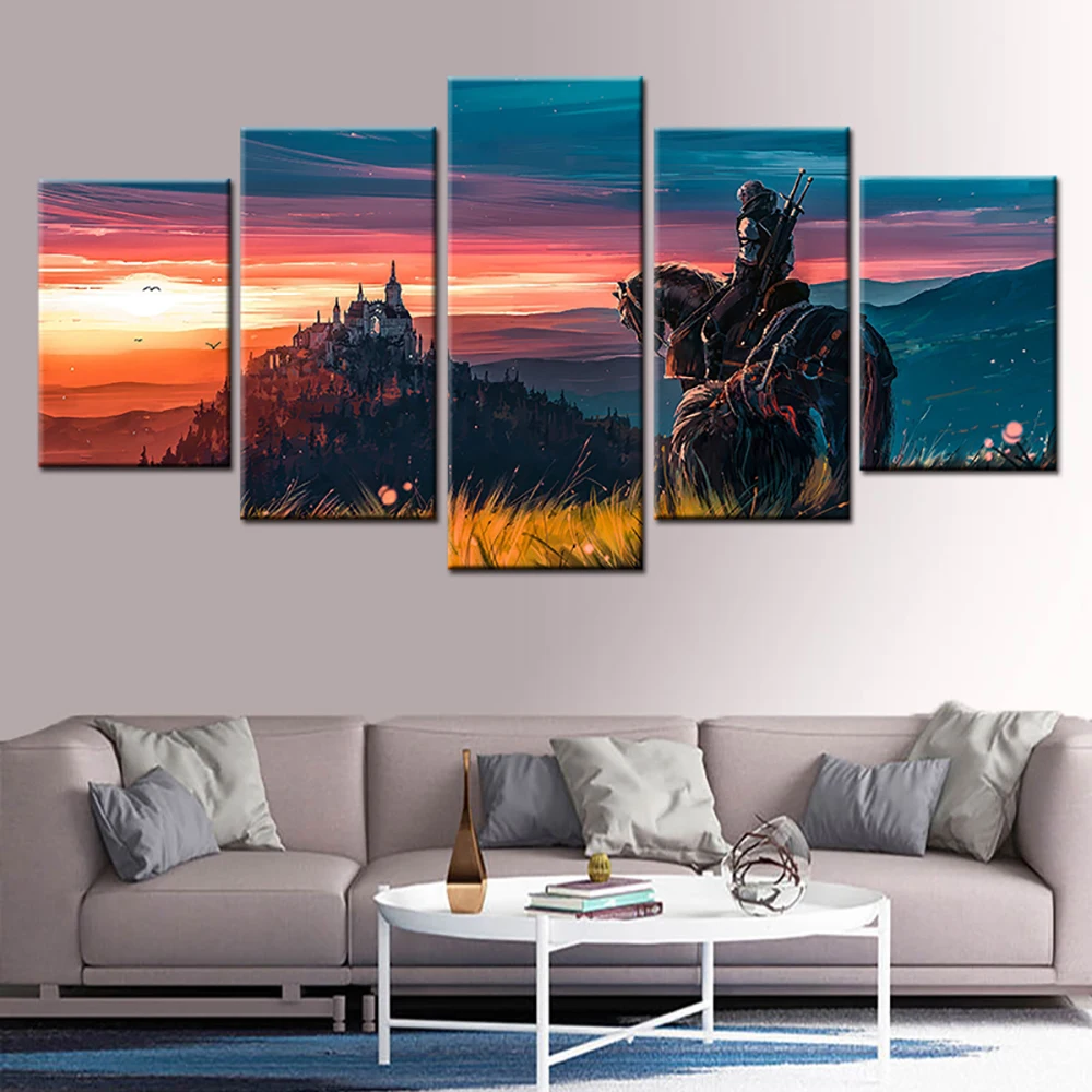 

5 Pieces Canvas Art Game Painting Sorcerer 3 Wild Hunting Modern Modular Home Decoration Living Room Bedroom Wall Picture Mural