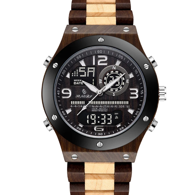 Men'sSandalwood Bamboo Double Display Quartz Watch Student Luminous Waterproof Sports Multifunctional Watch Men's Wood Watch