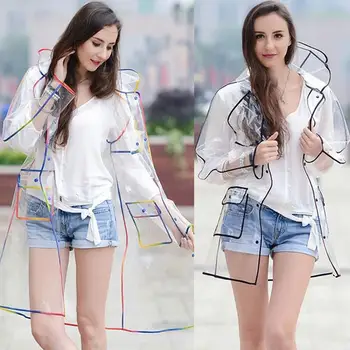 

EVA Transparent Raincoat Long Raincoat for Women Waterproof Jacket Windbreaker Rain Poncho With Belt Outdoors Hooded Raincoat