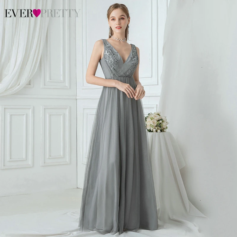 Grey Evening Dresses Ever Pretty A-Line Double V-Neck Sleeveless Appliques Tulle Elegant Long Party Gowns Abiye Gece Elbisesi
