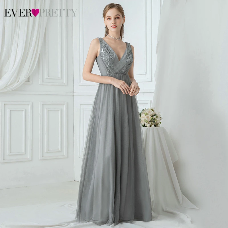 

Grey Evening Dresses Ever Pretty A-Line Double V-Neck Sleeveless Appliques Tulle Elegant Long Party Gowns Abiye Gece Elbisesi