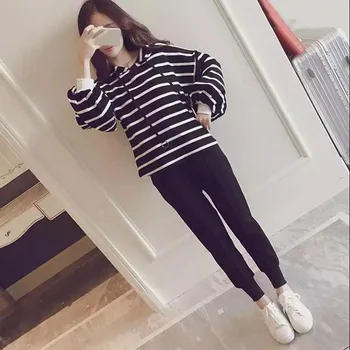 

Women Hooded Sweatshirts Casual Set Long Sleeve Striped Tops + Pants 2 Piece Set Womens Tracksuit Rk