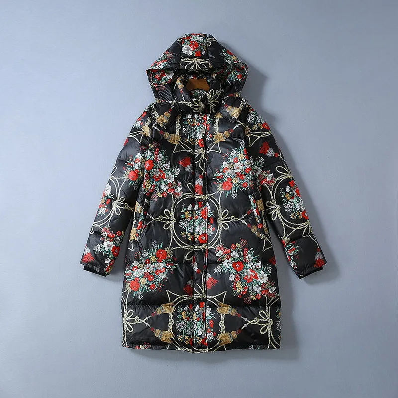 Европейская и американская женская одежда зима стиль длинный рукав с капюшоном РЕТРО ПРИНТ утолщенный модный длинный пуховик