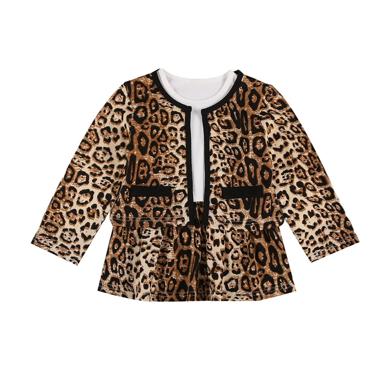

2 Pcs Retro Style Leopard Print Dress Set, Round Neck Long Sleeve Short One-piece Skirt, Fashionable Two Pocket Topcoat Autumn