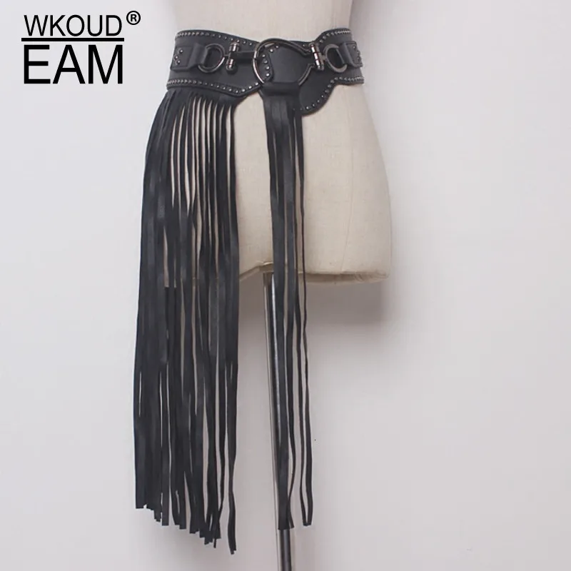 

WKOUD EAM 2020 New Fashion Casual Tide Metal Ring Rivet Tassel Imitation Leather Belt Women High Street Solid Belt Female A44