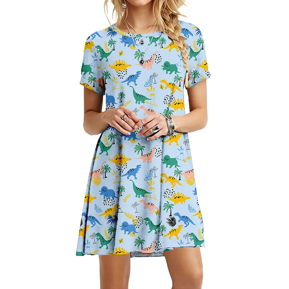 

Women Dresses Elegant O-neck Printing Dress Casual Loose Robe Short Sleeve Party Femm Oversize Ladies Clothing 3XL