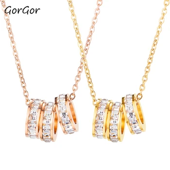 

GorGor Women Fashion Necklace Titanium Steel Chains Rhinestone 3 Rings Pendant Clavicle Chain Ladies Luxury Accessories 1671