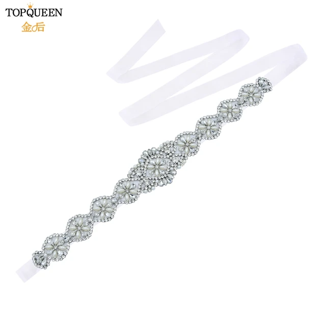TOPQUEEN S161 Bridal Belts Wedding Women Jewelry Silver Rhinestone Pearl Crystal for Sparkly Party Formal Dress Diamond Sash Organza  White
