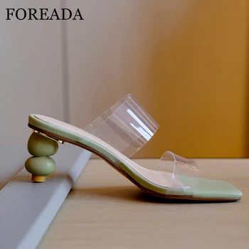 

FOREADA Women Slippers Pumps Natural Genuine Leather Strange Style High Heel Shoes Transparent Square Toe Slides Ladies Sandals