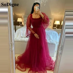 SoDigne Purple Tulle Maxi Prom Dresses Pleat Puff Sleeves A-Line Wedding Party Dresses Women Formal Evening Gowns