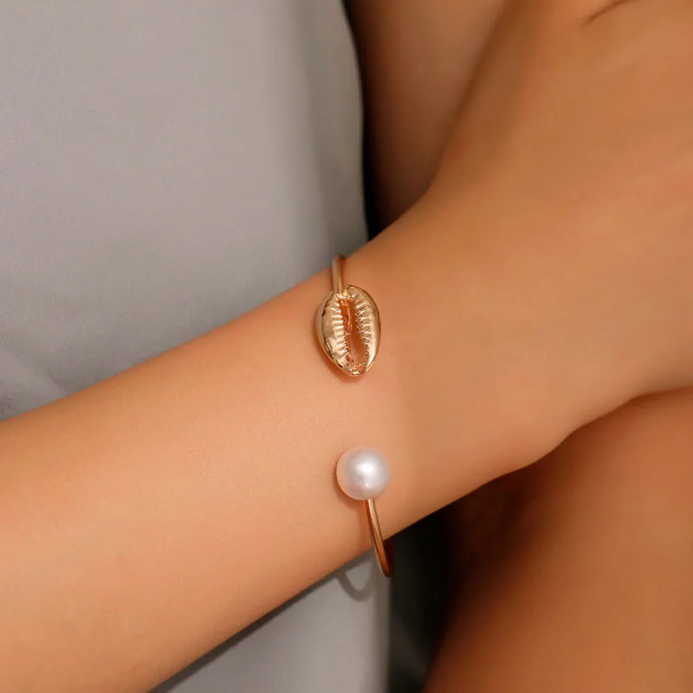 

Bracelet Fashion Gold Shell Pearl Open Personality Simple Adjustable Bracelet Temperament Wild Bohemian Beach Jewelry Gift