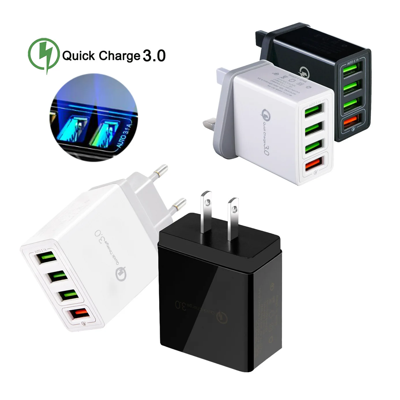 

48W Fast Charging 4 USB Port Charger for Samsung S9 iPhone 7 8 Huawei P20 Xiaomi QC 3.0 Fast Wall Charger US EU UK Plug Adapter
