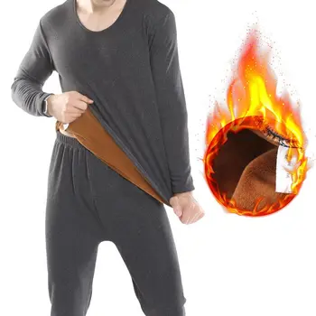 

Mferlier Fleece Thicken Mens Long Johns Oversize 8XL 7XL 6XL 5XL O Neck Underwear Tops + Warm Bottoms Black Gray Winter Men Sets