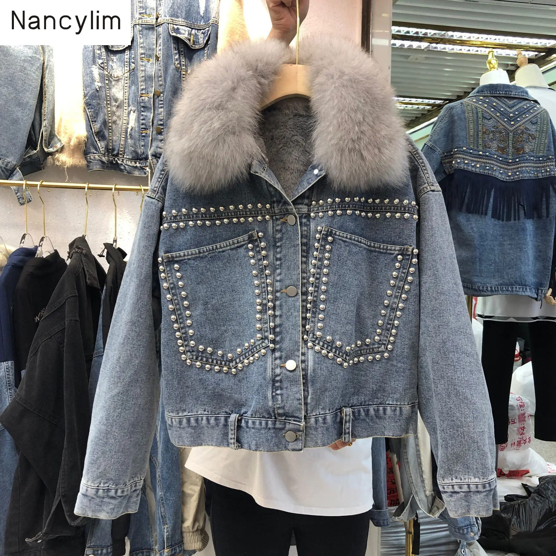 

2019 New Autumn Winter Jacket Women Can Be Removed Wool Liner Loose Real Fox Fur Collar Denim Coat Thicker Parkas Student Short