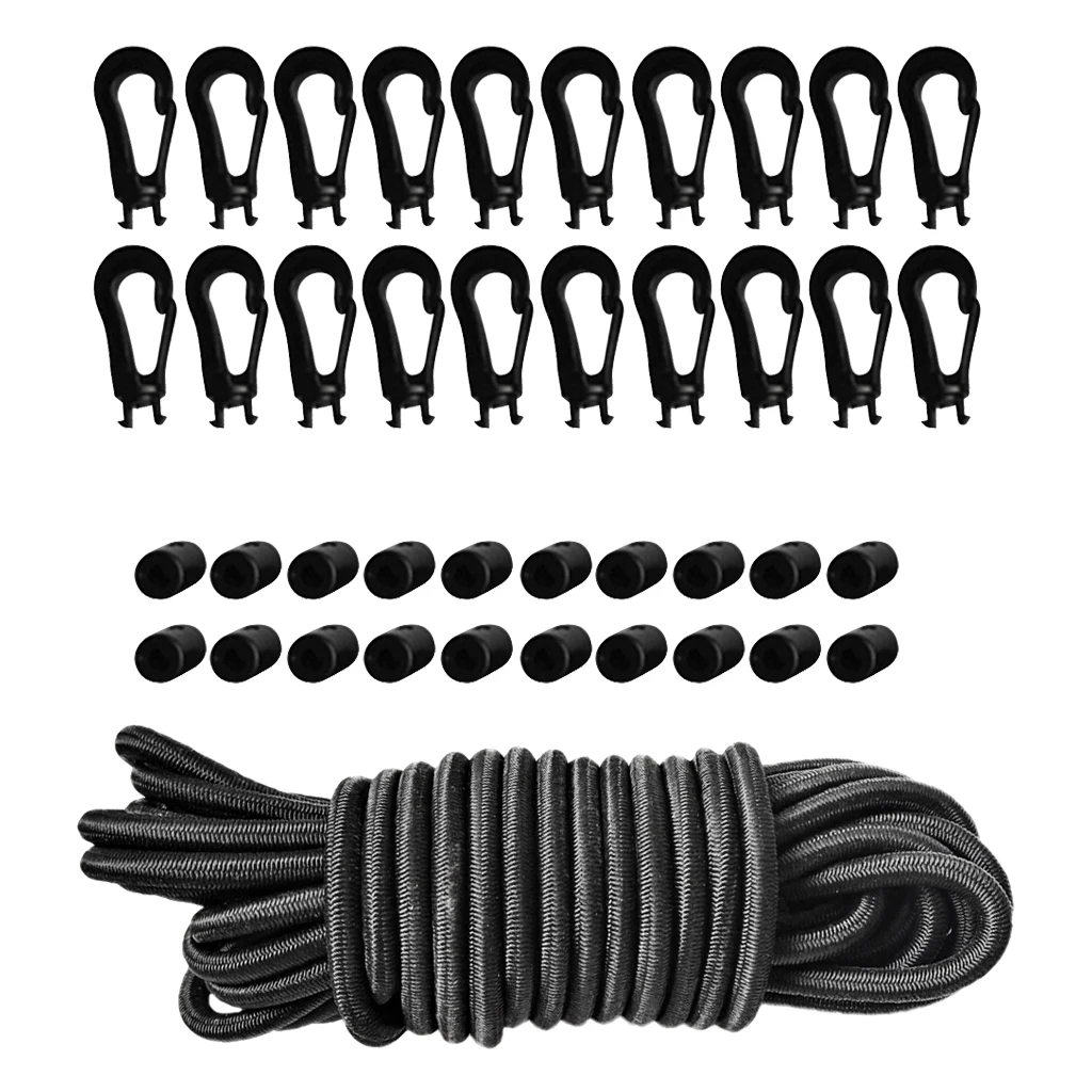 5m/16.4ft 4mm Elastic Bungee Rope Shock Cord Tie Down for Boats Trailers, Black, & 20 Pcs Hooks and 20 Pcs Ends