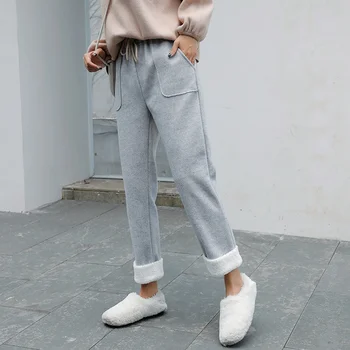 

Korean Style Elastic High Waist Casual Pants Women New Autumn Winter Fashion Double Pocket Female Woolen Trousers S083