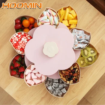 

HOOMIN Storage Box for Seeds Nuts Plum Type Dry Fruits Case Container Double Layer Candy Plate Petal-Shape Rotating Snack Box