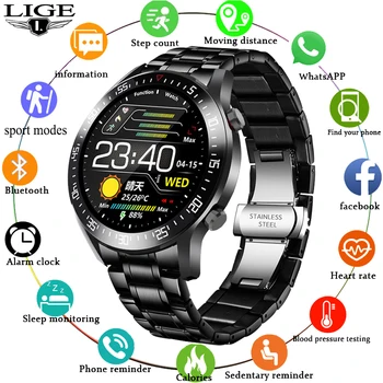 

LIGE 2020 New men Smart watch men full circle touch screen heart rate blood pressure sports fitness watch for IOS Android +Bos