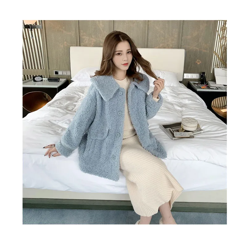 Korean-style New Style Autumn And Winter Fashion Elegant Versatile Fold-down Collar Lambs Wool Fur Cropped Jacket WOMEN'S D