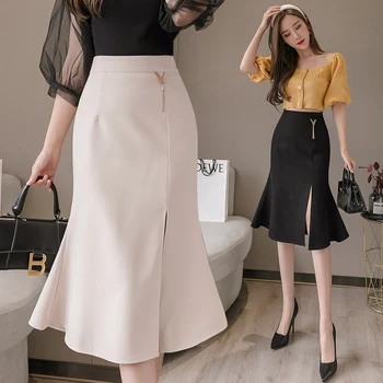 

Brand Trumpet Skirt Women Fashion Zip High Waist Mermaid Skirts Female Spring Summer Ruffles Mid-calf Split Skirt Black Apricot