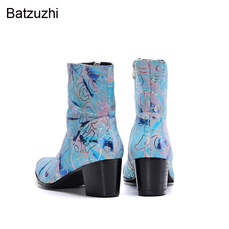 Batzuzhi Rock Personality Men's Genuine Leather Ankle Boots for Party and Wedding Botas Hombre 7.5cm High Heels Blue Boots Men
