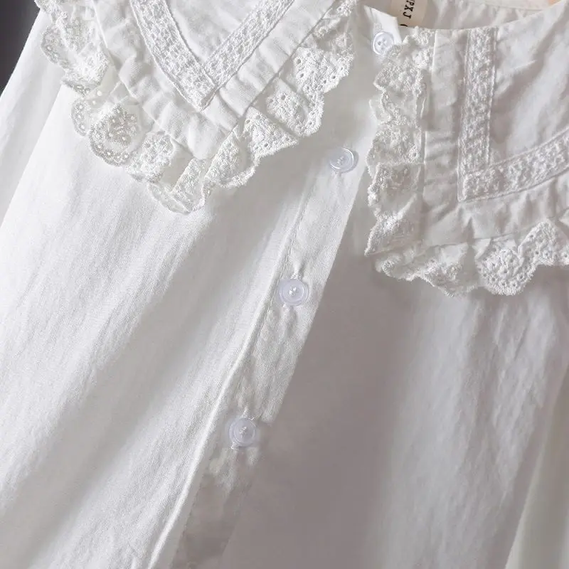 Spring 100% Cotton Lace Top White Blouse Summer Shirt Korean Baby Long Sleeve Tops Boys Shirts School Girls Blouses Camisas