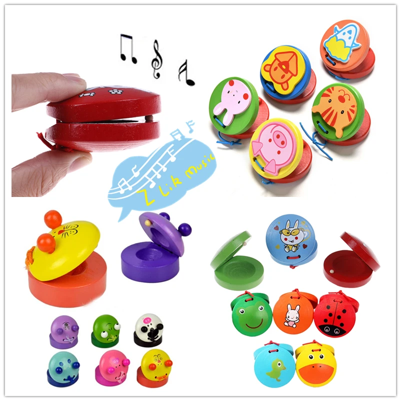 Cartoon Castanets Lovely Wooden Castanet Clapper Handle Musical Instrument Toy Preschool Kids Child Baby Early Educational Toys