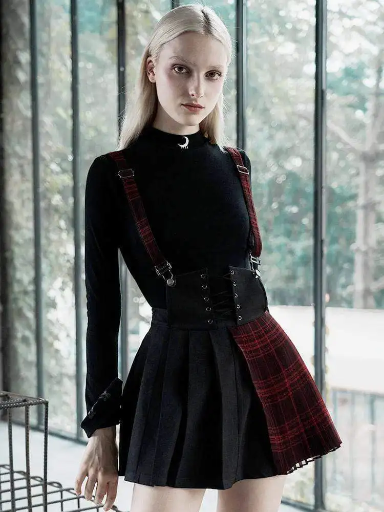 Панк рейв женский гранж красный сарафан в клетку плиссированная юбка PQ-642BQ Азиатский размер(S-L