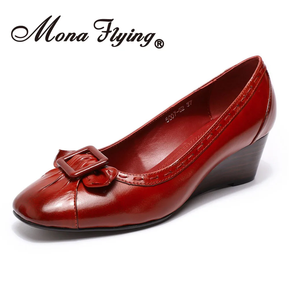 Mona Flying/женские туфли-лодочки на танкетке из натуральной кожи; модельные туфли ручной работы в стиле ретро; женские туфли на высоком каблуке с круглым носком; 5007-G2 - Цвет: Red