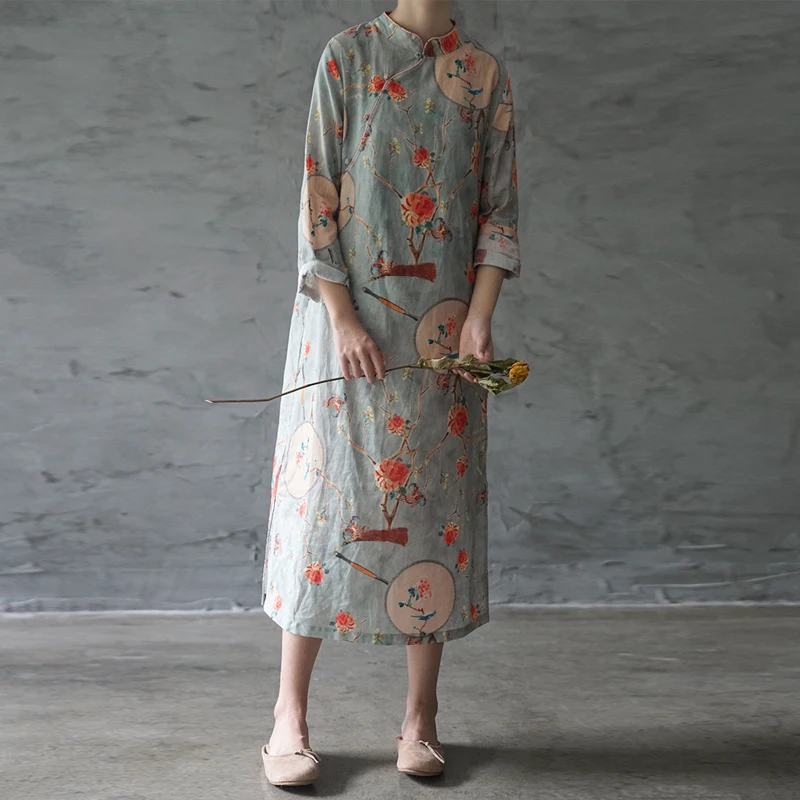 

Autumn Fashion Retro Cotton Linen Floral Print Stand Plate Buckle Dresses 2019 New Comfortable Long Sleeve Women Dress