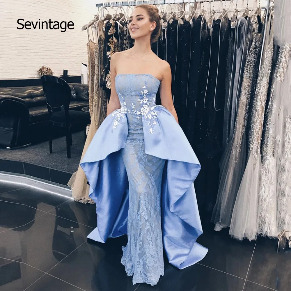 

Sevintage Straight Strapless Prom Dresses witk Satin Skits Lace Appliques Evening Gown Special Occasion Dress abiti cerimonia