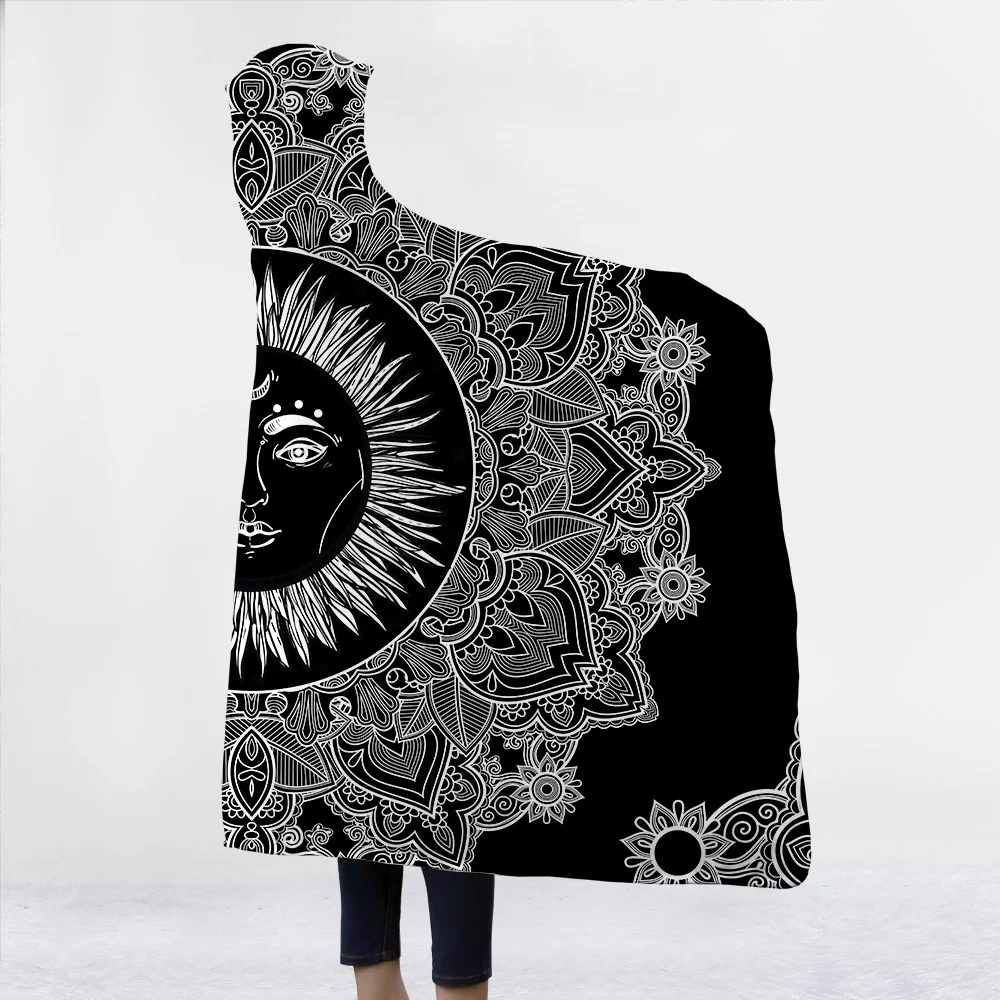 Мандала с капюшоном одеяло для взрослых детей 3D печатных Шерпа флис конверт с капюшоном микрофибры носимых плед для дома диван