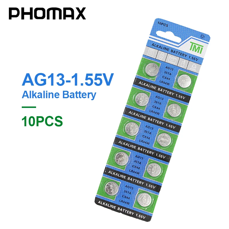 

PHOMAX button battery AG13 10pcs/ pack LR44 SR44 SR47 GP76 AG 13 1.55V alkaline battery for watch laser pen PDA Digital Camera