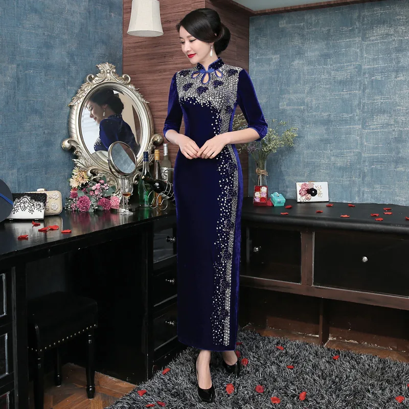Сексуальное вечернее платье Cheongsam, китайские платья, новинка, роскошное платье Qipao, женское платье ручной работы с бусинами, винтажное платье, воротник-стойка