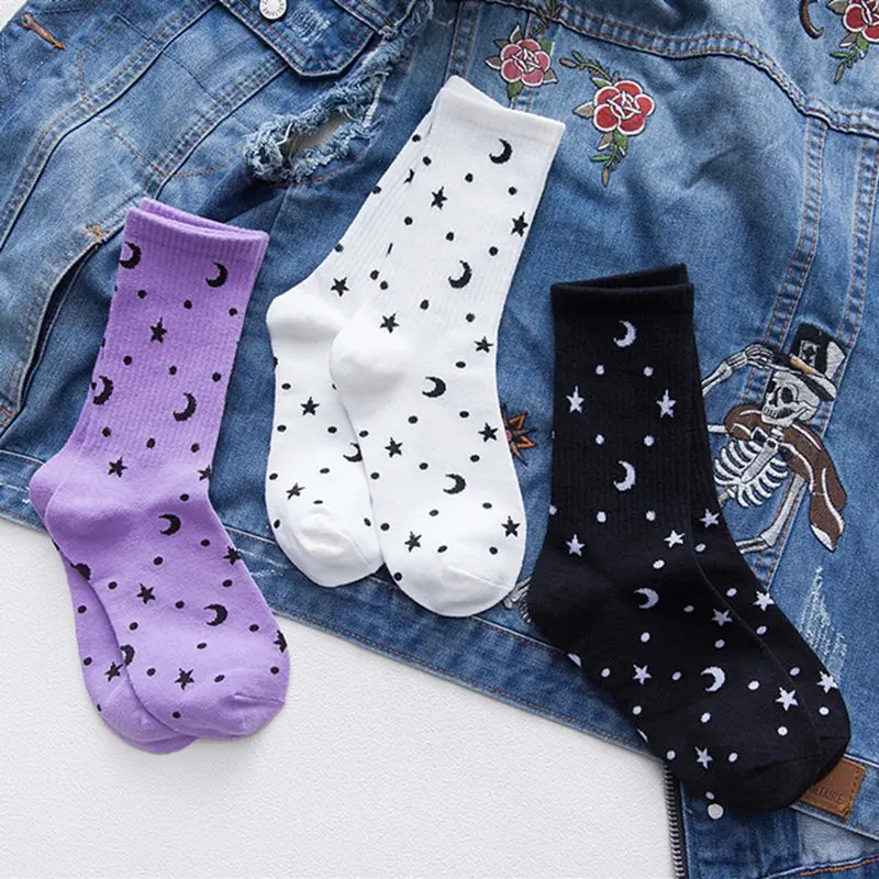 

Fashion Woman Casual Cotton Socks Novelty Moon Stars Purple White Black Harajuku Socks Breathable Motion Cotton Socks