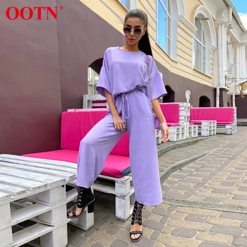 

OOTN Casual Solid Women's Two Piece Set Short Sleeve T shirt Suit Summer Loose Pants Trousers 2 Piece Set Sports Tracksuits 2020