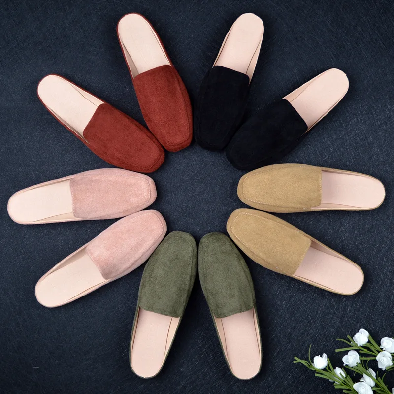 

Shoes Without Heel Mules Women Rivet Big Size Cover Toe Loafers Ladies' Slippers Flock Flat Slides TPR Metal Decoration Basic