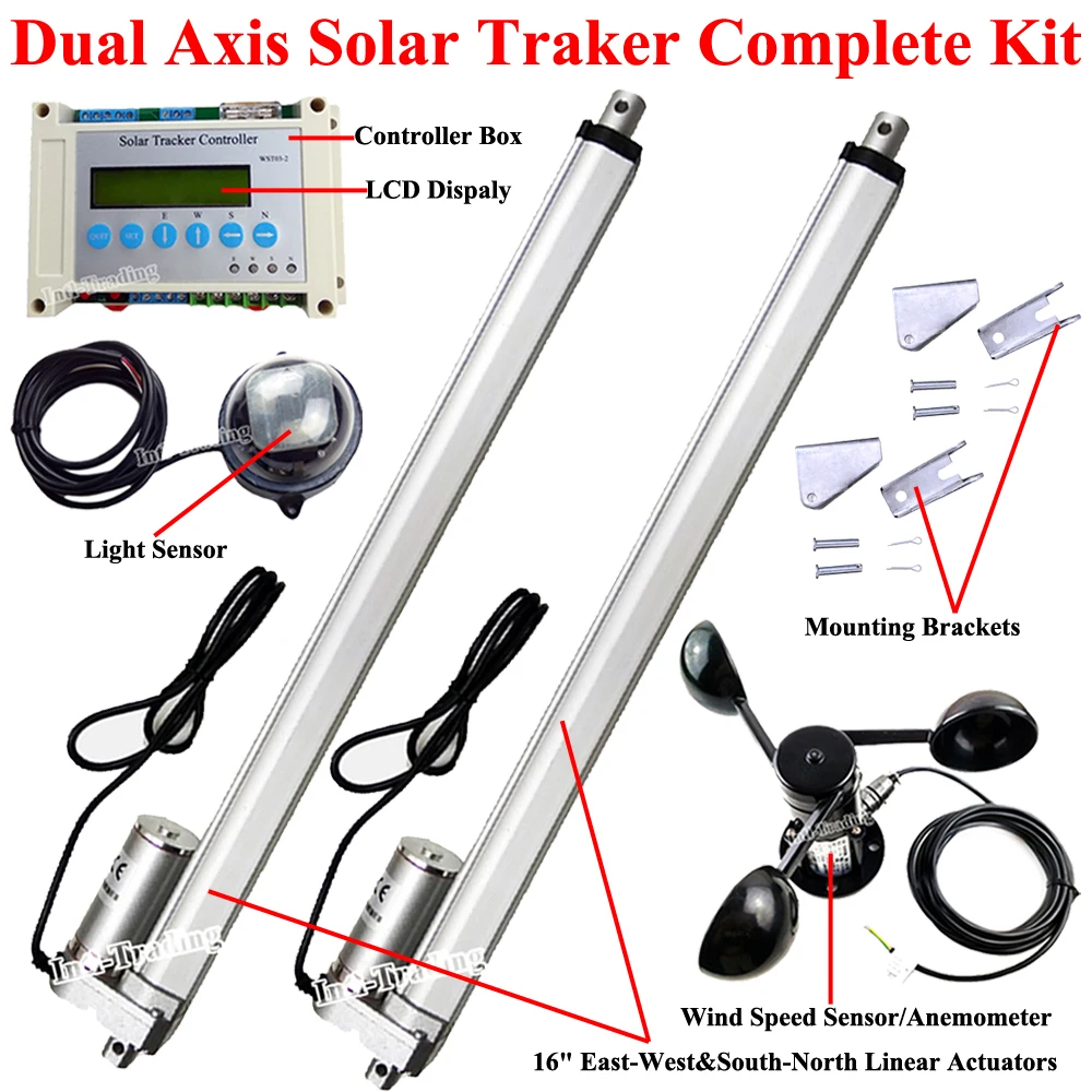 

Electric Dual Axis Solar Tracker +16" Linear Actuator 1500N DC Motor +LCD Controller +Anemometer DIY Solar Panel Tracking System