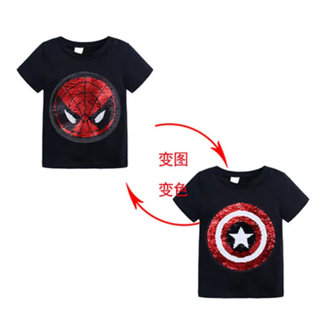 Summer T-Shirt Boys Superhero Sequin Reversible Tops Tees Kids Spiderman Face-changing Captain America T Shirt Children Clothes 2