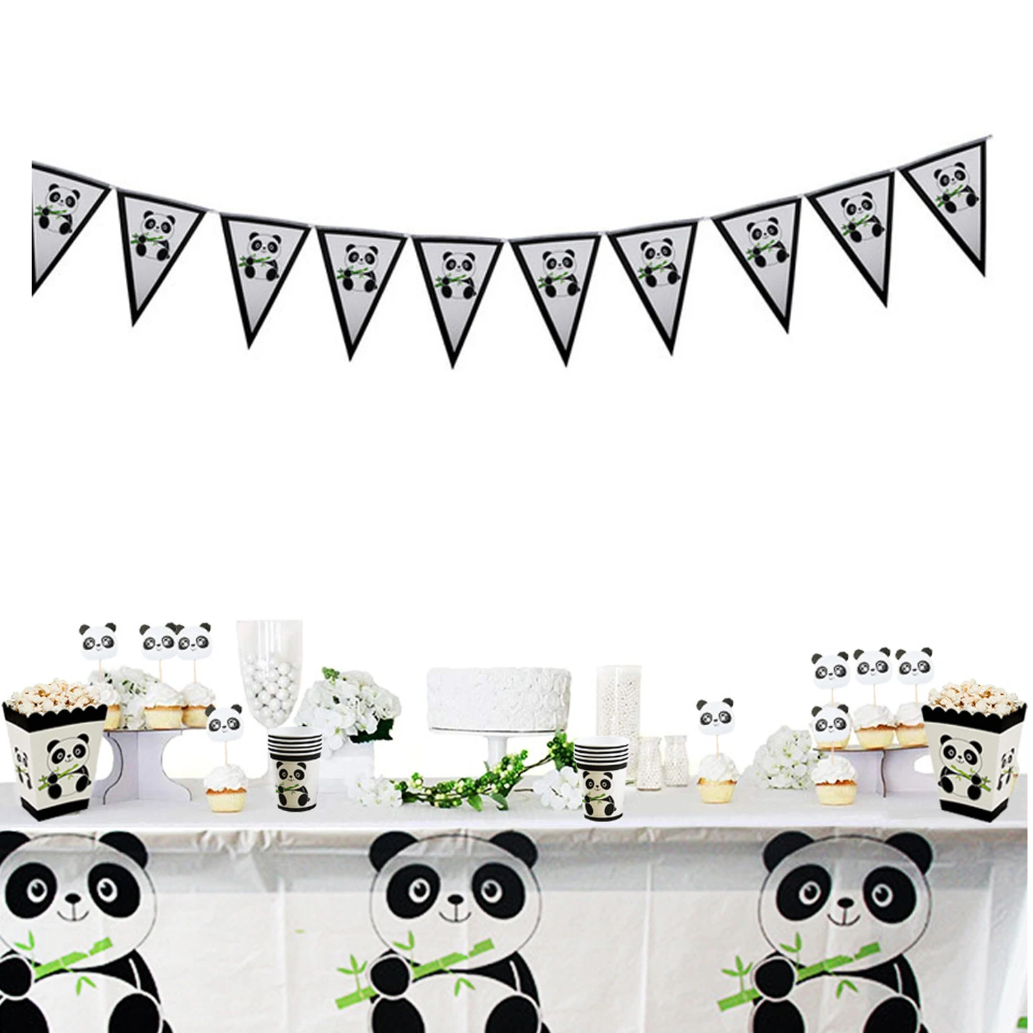 

Behogar 78PCS Panda Birthday Party Supplies with Cups Dishes Tablecloth Pennant Paper Towels Popcorn Boxes Cards Cake Toppers