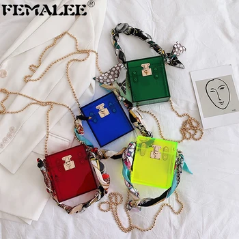 

Mini Transparent acrylic handbag Luxury small square Lock Jelly bag Wedding Box banquet Lady clutches With Scarf Party Handbags