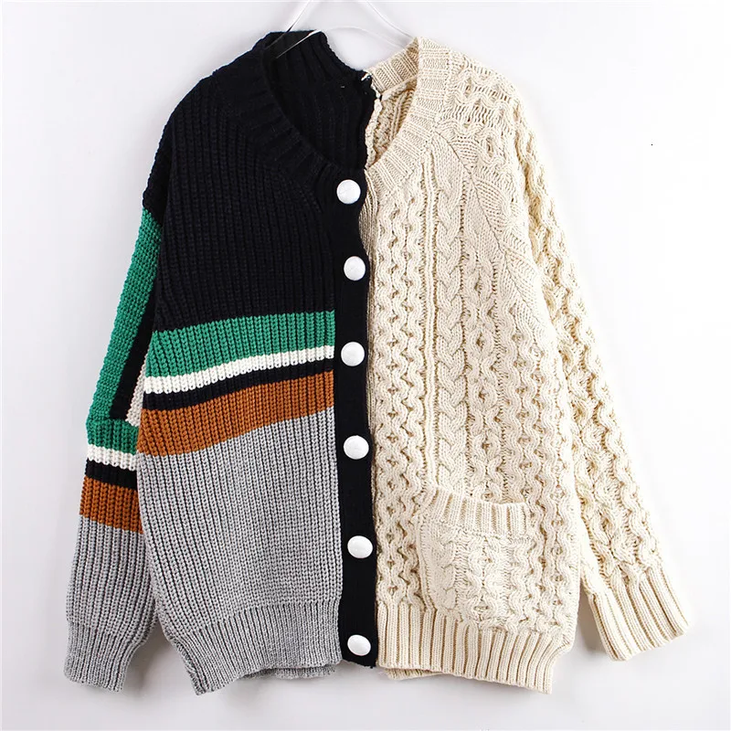 [EWQ] korea style full sleeve Panelled women Knit sweater Vintage Plus Size Thick Warm Cardigan Sweater 2019 autumn new QL19812 |