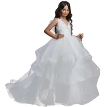 Белое Бальное Платье для девочек; платье для первого причастия; кружевное платье с бусинами и v-образным вырезом; многослойное платье с цветочным узором для девочек; платье для свадьбы