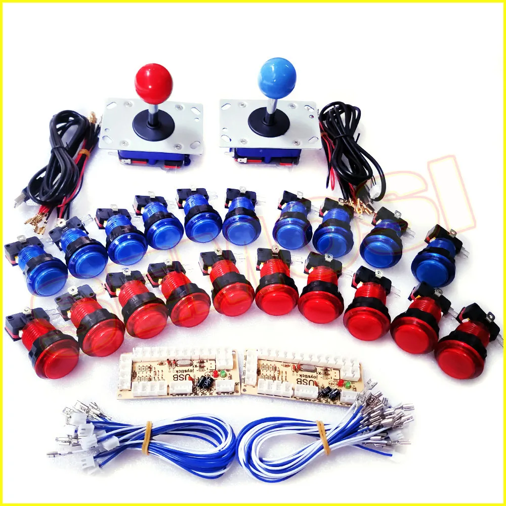Blue and red 1 Нулевая задержка USB энкодер Аркада Zippy джойстик светодиодная Кнопка DIY комплект с 1/2 плеером кнопки для монет для ПК/Raspberry Pi - Цвет: Blue and red 1