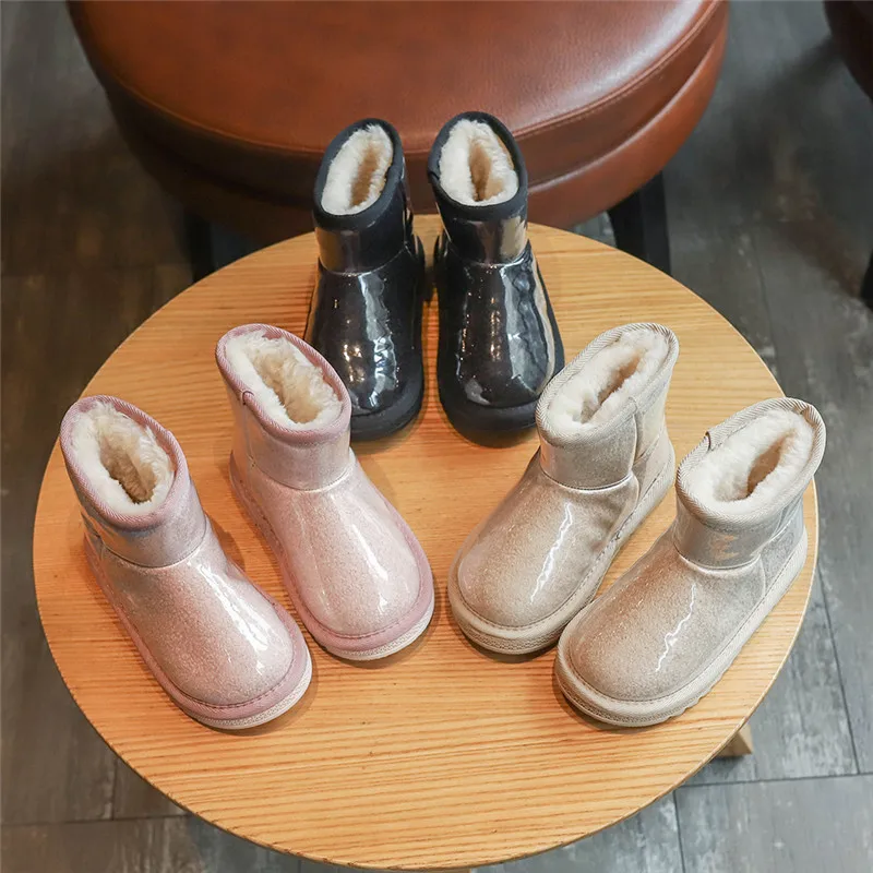 New Fashion Children's Snow boots Winter Girls Patent leather fur martin boots Velvet Thicken boys Warm cotton princess boots