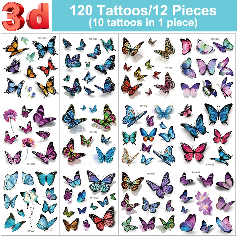 12 Pcs/120 Tattoos (10 Tattoos in 1 Piece) 3D tatoo sticker Waterproof Butterfly female Sexy clavicle chest ankle temporary