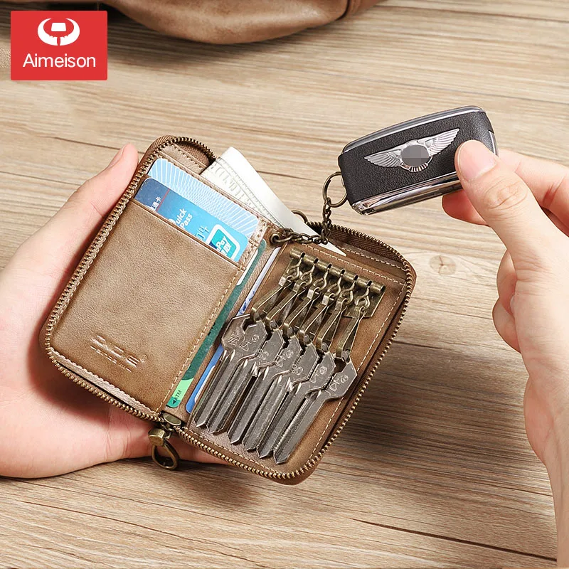 

Key Case Men's Leather Zipper Car Key Case Women's Leather Large Capacity Multifunctional Waist Padlock Key Case ASBD021